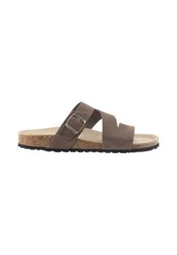 Sandalia deslizante de ante marrón con dos correas entrelazadas y una hebilla metálica. Plantilla de corcho y suela exterior de goma negra texturizada. Diseño elegante y simple.