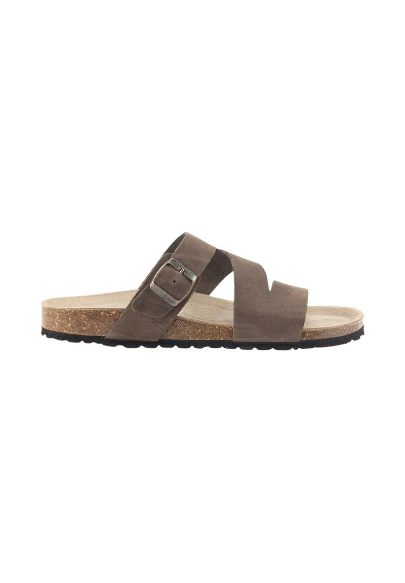 Sandalia deslizante de ante marrón con dos correas entrelazadas y una hebilla metálica. Plantilla de corcho y suela exterior de goma negra texturizada. Diseño elegante y simple.