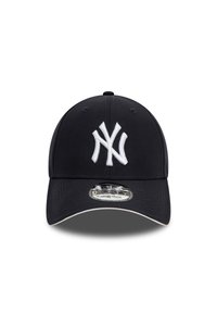 Tumesinine pesapalli nokamüts valge tikkimiga „NY” logoga, reguleeritava tagumise klambriga, kaardus sirmi ja ääri mööda õmmeldud detailidega.