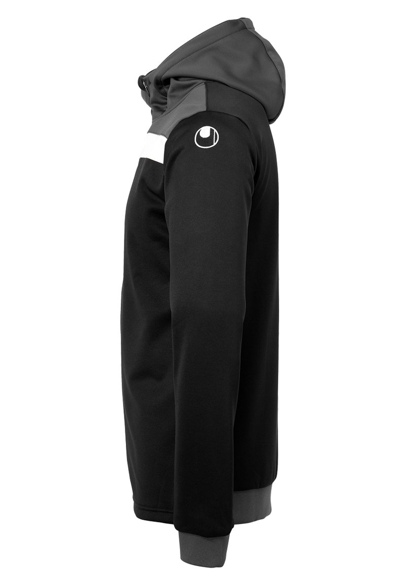 Schwarze und graue Reißverschluss-Hoodie mit langen Ärmeln, einer verstellbaren Kapuze und einem weißen Akzentstreifen. Mit einem Logo auf der linken Schulter.