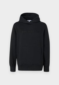 Black hooded sweatshirt, soft fabric, pullover design, front kangaroo pocket, embossed "QUARTZ CO" logo on chest, ribbed cuffs and hem.