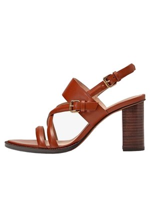 Brown leather high-heeled sandal with a strapped design, adjustable ankle buckle, and a textured block heel.