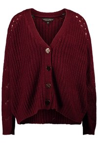 Burgundy knitted cardigan with a V-neck, featuring four decorative buttons, ribbed hem, and open knitted pattern on sleeves.