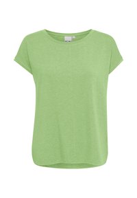 Camiseta verde de manga corta hecha de tela ligera. Presenta un cuello redondo y un corte holgado con un dobladillo ligeramente curvado.