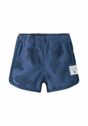 Granatowe szorty dla małych dzieci z teksturowanymi wzorami żółwi oraz metką "Little Turtle" na prawej krawędzi.