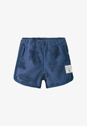 Marineblaue Kleinkind-Shorts mit strukturierten Schildkrötenmustern und einem "Little Turtle"-Etikett am rechten Saum.