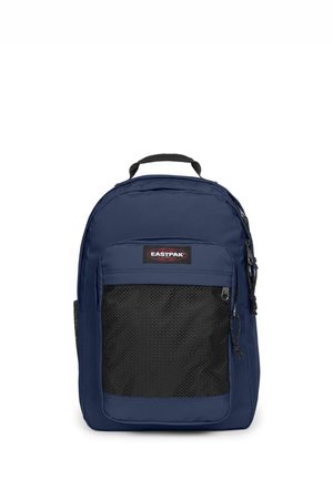 Zaino Eastpak blu navy con una grande tasca frontale in rete nera, maniglia superiore e scomparti principali e frontali con zip.