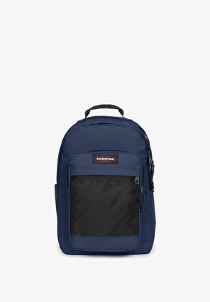 Zaino Eastpak blu navy con una grande tasca frontale in rete nera, maniglia superiore e scomparti principali e frontali con zip.