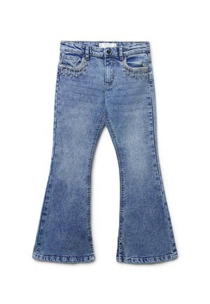 Jeans a zampa d'elefante blu con tasche frontali arricchite da perline d'argento pendenti e chiusura con bottone in vita.
