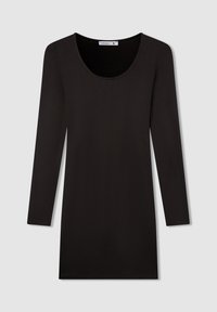 Maglietta nera a maniche lunghe con scollatura a barca. Realizzata in un materiale morbido, presenta una trama liscia e un design a taglio dritto. Etichetta di taglia inclusa.