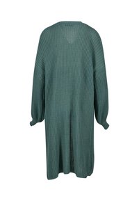 Robe surdimensionnée en tricot vert avec des manches longues, un décolleté en V et une texture légère et aérée. Présente une coupe décontractée et une longueur mi-mollet.
