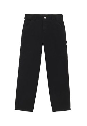 Schwarze Cargo-Hosen aus Baumwollmischung mit mehreren Taschen, Knopfverschluss und geradem Schnitt. Glatte Textur mit matter Oberfläche.