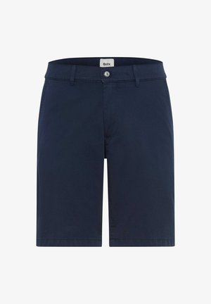 Navyblauwe casual herenshort met riemlussen, voorste knoop, ritssluiting en Brax merklabel op de tailleband.