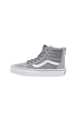 Højt gråt sneakers med glittende stofsider, hvid bølgestribe, grå snørebånd og hvid gummisål, vist fra ydersiden.
