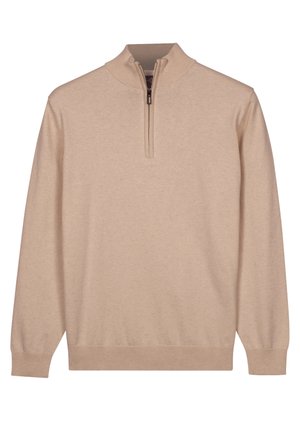 Beiger Pullover mit langen Ärmeln, halbem Reißverschluss sowie geripptem Kragen, Bündchen und Saum.