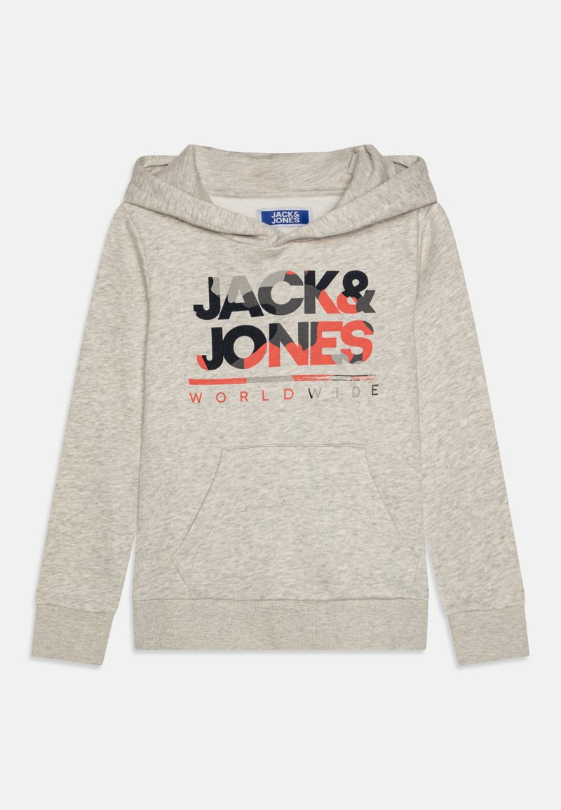 Szürke kapucnis pulóver, elülső zsebbel, fekete, piros és szürke színű grafikával, mellyel a "JACK & JONES WORLDWIDE" felirat látható.