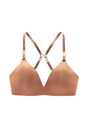 Brown bra with a smooth texture, plunging neckline, and adjustable straps; features stylish crisscross design and gold-tone hardware accents.
