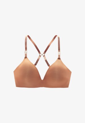 Brown bra with a smooth texture, plunging neckline, and adjustable straps; features stylish crisscross design and gold-tone hardware accents.
