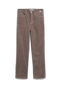 Brown corduroy pants with a straight leg design, featuring front pockets and a button closure. Textured fabric with ribbed pattern.