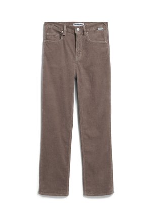 Brown corduroy pants with a straight leg design, featuring front pockets and a button closure. Textured fabric with ribbed pattern.