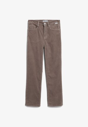 Braune Cord-Hosent mit geradem Bein, ausgestattet mit Fronttaschen und einem Knopfverschluss. Strukturierter Stoff mit geripptem Muster.