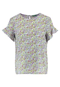 Květinová blůza s krátkými volánovými rukávy. Má bílou základnu s vícebarevnými květinovými vzory v růžové, fialové a zelené. Uzávěr na zádech ve tvaru klíčové dírky.