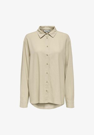 Beige langærmet skjorte med krave, syv knapper foran og let buet kant.