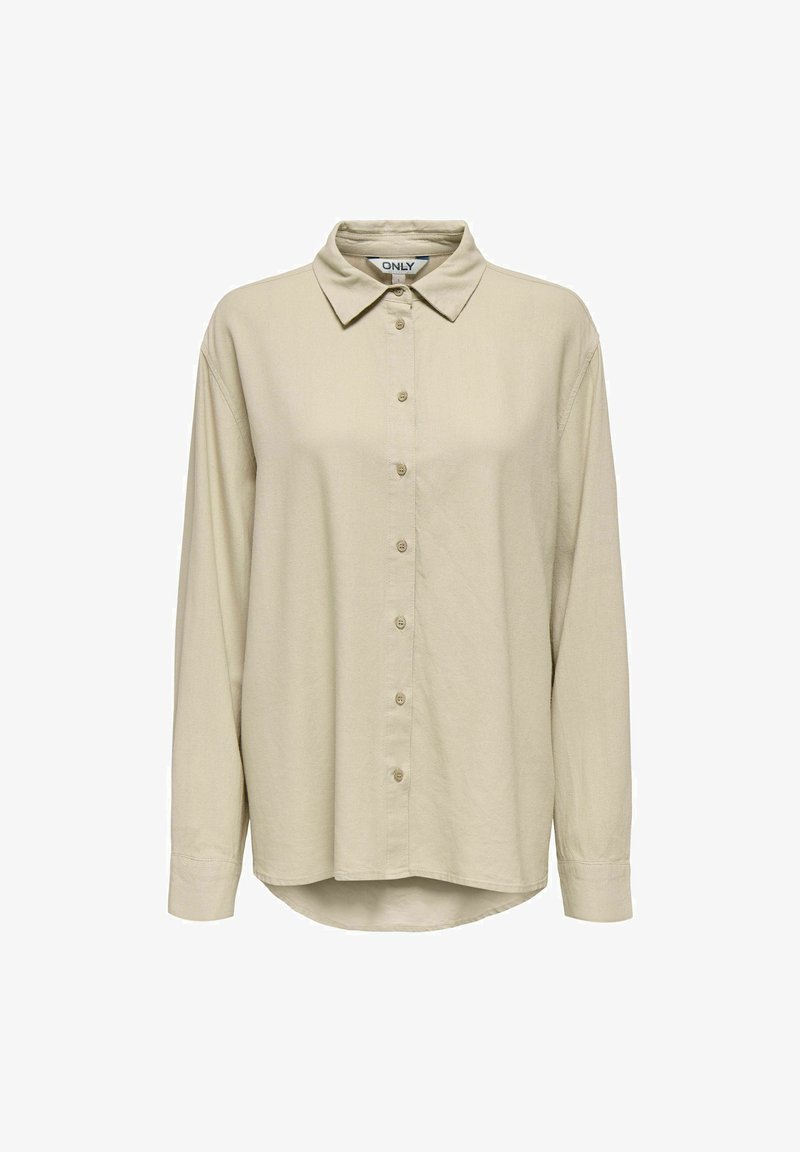 Chemise beige à manches longues avec col, sept boutons à l'avant et ourlet légèrement arrondi.