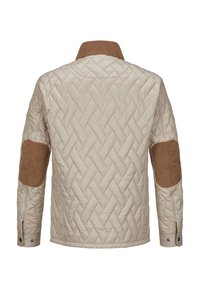 Gesteppte beige Jacke mit braunem Cordkragen und Ellenbogenflicken. Entworfen mit einem Fischgrätenmuster, mit geknöpften Manschetten und klassischem Schnitt.