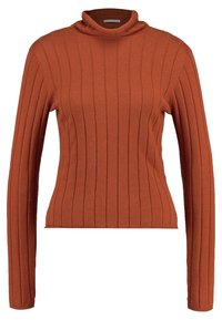 Pull à col roulé à manches longues côtelé de couleur orange brûlé, en tissu tricoté doux, avec une silhouette ajustée et un col haut.