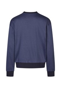 Navy blue sweatshirt, soft fabric, ribbed neckline and cuffs, drop shoulder design, solid texture, slightly cropped hem at waist.