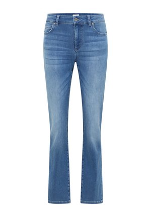 Light blue denim jeans with a fitted waist, flared leg opening, and minimal stitching details. Features five pockets and a front zipper.