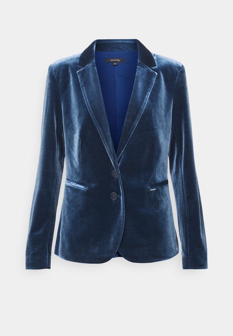 Veston en velours bleu marine à simple boutonnage avec deux boutons, revers crantés et poches avant passepoilées, présenté sur un fond uni.