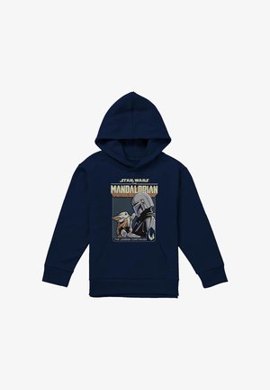Marineblauer Hoodie mit The Mandalorian und Baby Yoda Grafik, zeigt den helmbewehrten Mandalorianer und den Schriftzug „The Legend Continues“ auf der Vorderseite.