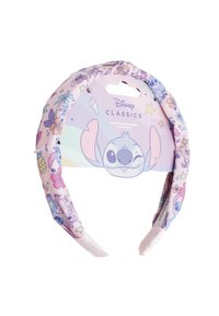 Roze stoffen hoofdband met kleurrijke patronen van bloemen, vlinders en Stitch van Disney, met een zachte textuur en elastische randen.