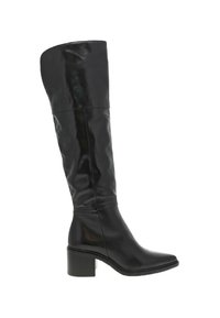 Bottes noires au-dessus du genou en cuir brillant. Bout carré, talon épais, texture lisse et tige ajustée avec un léger plis.