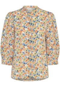Chemise florale dans des teintes jaunes, orange et bleues ; dotée d'un front à boutons, d'un col arrondi et de manches bouffantes avec une coupe décontractée et un ourlet incurvé.