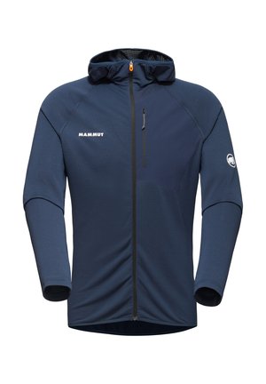 Navy blue hooded jacket made of synthetic material, featuring a front zip, a zippered chest pocket, and a logo on the left side.