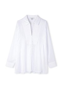 Blusa bianca a maniche lunghe con colletto, caratterizzata da un pannello frontale testurizzato, chiusura a bottoni e vestibilità morbida. Tessuto liscio con dettagli minimi.