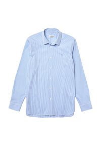 Camicia azzurra a maniche lunghe con bottoni, con sottili righe bianche, colletto classico e logo ricamato sul lato sinistro del petto. Tessuto in misto cotone.