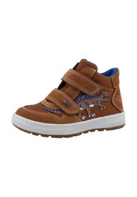 Braune Kindersneaker mit blauem Dinosaurierdesign, zwei Klettverschlüssen, weißer Sohle und blauem Innenfutter.