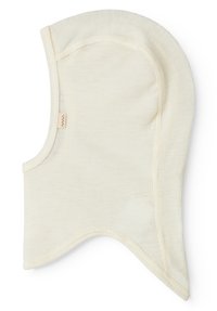 Light beige cotton balaclava with ribbed texture, rounded shape, and soft edges. Features a small brand tag on the side.