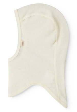 Lys beige bomullsbalaklava med ribbet tekstur, avrundet form og myke kanter. Har et lite merkelapp på siden.