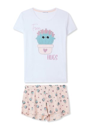 Set di pigiama bianco in cotone composto da una maglietta a maniche corte con una grafica di un cactus e il testo "Abbracci Gratis", e pantaloni corti rosa con un motivo di cactus.