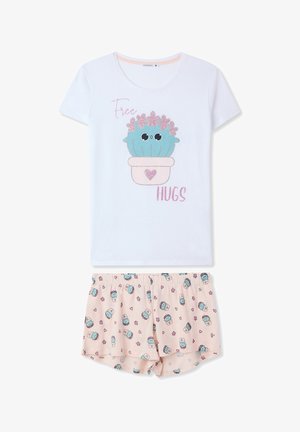 Set di pigiama bianco in cotone composto da una maglietta a maniche corte con una grafica di un cactus e il testo "Abbracci Gratis", e pantaloni corti rosa con un motivo di cactus.