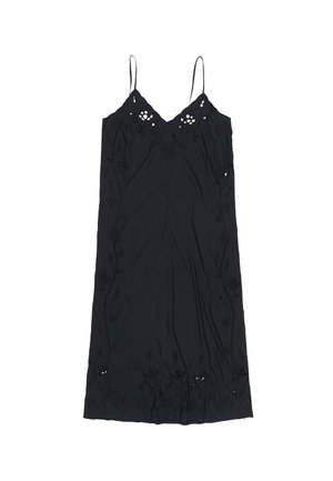 Vestido negro sin mangas hecho de tela suave, con bordados florales y detalles troquelados a lo largo del escote y el dobladillo.