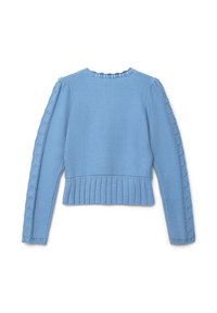 Helles blaues gestricktes Sweatshirt mit langen Ärmeln, geripptem Saum und strukturierten Akzenten an den Ärmeln. Rückansicht mit gewelltem Ausschnitt.
