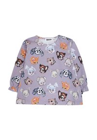 Fioletowa koszula z długimi rękawami, z kolorowymi wzorami zwierzęcych twarzy, wykonana z miękkiego materiału z marszczonymi mankietami. Metka marki: Molo.