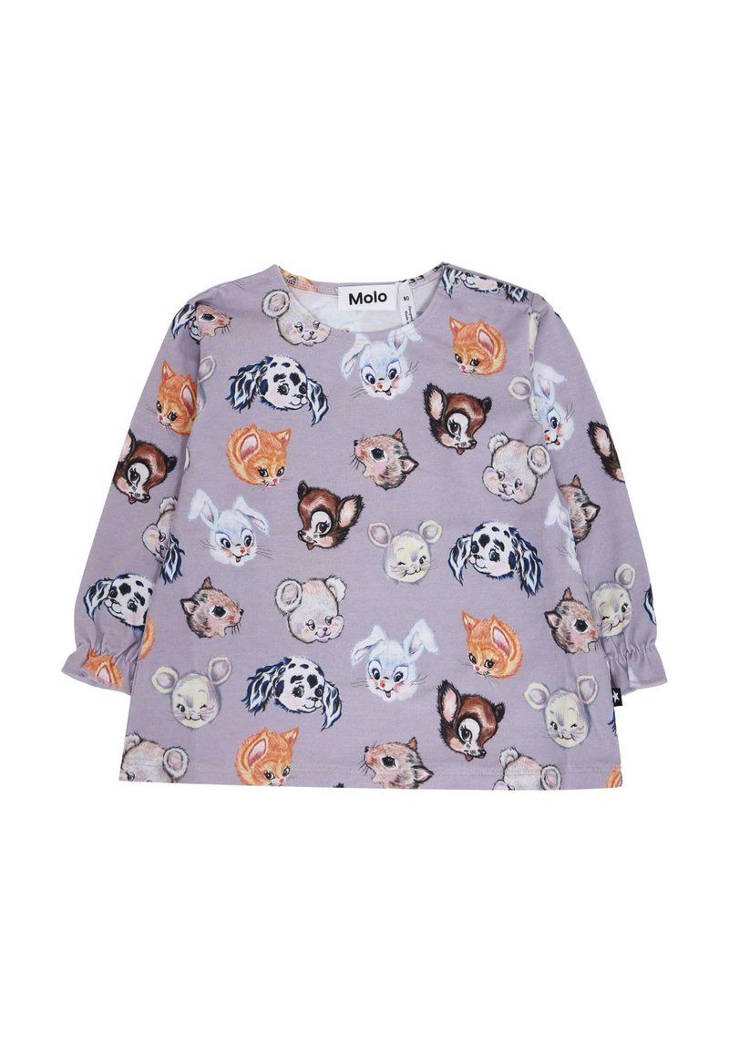 Fioletowa koszula z długimi rękawami, z kolorowymi wzorami zwierzęcych twarzy, wykonana z miękkiego materiału z marszczonymi mankietami. Metka marki: Molo.