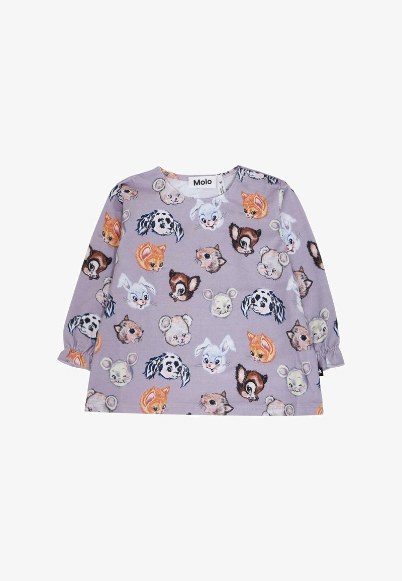 Fioletowa koszula z długimi rękawami, z kolorowymi wzorami zwierzęcych twarzy, wykonana z miękkiego materiału z marszczonymi mankietami. Metka marki: Molo.